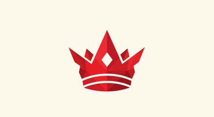 A stylized, faceted red crown, centrally placed on a cream background. Simple yet bold design