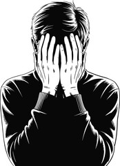 Black and white silhouette person covering face, emotional distress sadness concept, dramatic illustration of anxiety, depression, contemplation, mental health expression