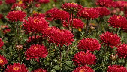 Wallpaper featuring abundant blooming chrysanthemums in a sunny garden setting