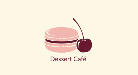 A minimalist dessert café logo featuring a macaron and cherry. Text 
