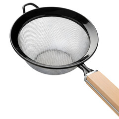 Professional sleek metal strainer with elegant wooden handle for modern cooking, perfect for healthy lifestyles and gourmet kitchens in vibrant food photography
