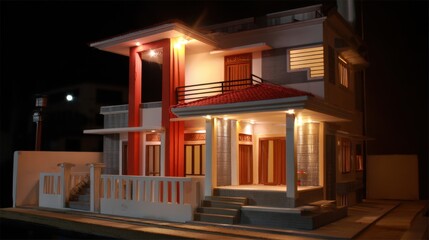 Modern Architectural Model of a Stylish House with Warm Lighting and Attractive Design Features at Night Perfect for Real Estate Presentations and Marketing