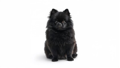 Obraz premium Dark Pomeranian Puppy Sitting Alone Against White Background
