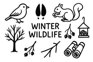 Black outline illustrations of winter wildlife featuring a bird, squirrel, tree branches, binoculars, and deer tracks around the text "winter wildlife.