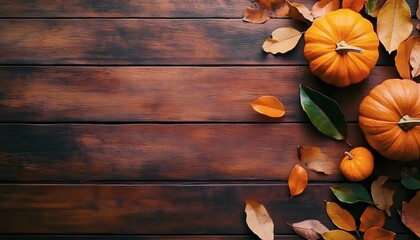 Two orange pumpkins and various autumn leaves are arranged on a dark brown wooden surface, creating a seasonal display.