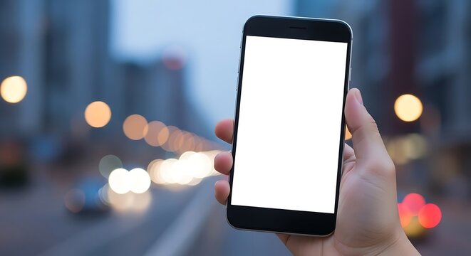 Hand holding smartphone with blank screen in urban night setting.