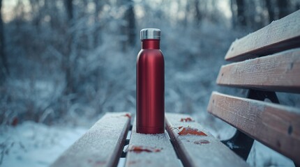 Red metal thermos bottle on snowy wooden bench in winter forest, cold outdoor scene with frosty background, travel concept, product mockup for hot drink and adventure lifestyle