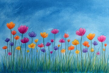 Watercolor flowers in various colors growing on a green field under a blue sky, illustrating nature and spring