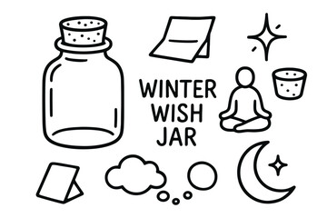 Fototapeta premium Hand-drawn black outline illustrations including a jar with a cork, a person meditating, stars, a crescent moon, and the phrase 