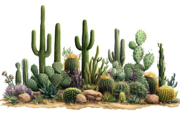 Desert Cactus Garden Illustration. Diverse Succulent Plants In Arid Landscape. Isolated On Transparent Background