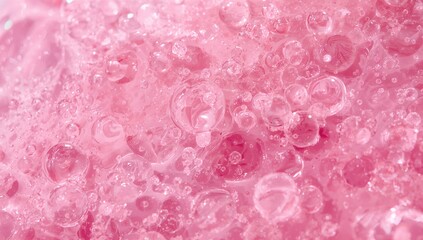Macro view of pink bubble patterns, Abstract background with pink oily spheres. Beauty cosmetic liquid texture.