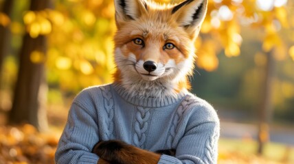 Anthropomorphic fox character wearing blue cable knit sweater standing in autumn forest with golden leaves, combining wildlife and fantasy illustration themes with cozy seasonal atmosphere