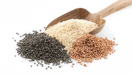 A pile of mixed mineral and chemical fertilizers on a shovel against a white backdrop, containing nitrogen, phosphorus, and potassium nutrients for plants