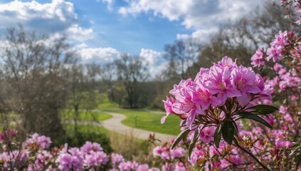 Springtime azalea blooms in a scenic garden setting