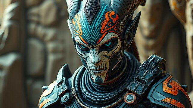 A formidable horned warrior with intricate face paint stands guard, clad in detailed armor, emanating a sense of power and otherworldly mystique in dark setting.