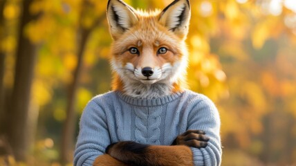 Anthropomorphic fox character wearing blue cable knit sweater standing in autumn forest with golden foliage, blending wildlife and fantasy illustration concepts with cozy seasonal atmosphere