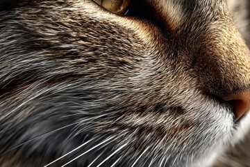 Domestic cat showing detailed fur texture, whiskers, eye, and nose in a close-up profile view
