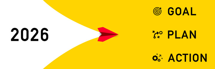 2026 business concept banner with goal, plan, and action icons. A red paper airplane flies towards the future, symbolizing strategy, vision, and new year resolutions. Modern vector illustration.