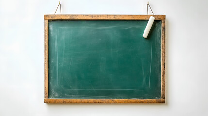 A Teacher�s Day concept featuring an empty green chalkboard with an eraser and white chalk, hanging on the wall against a white background.