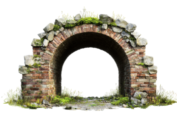 Ancient Brick Archway With Overgrown Vegetation. Historical Architecture And Nature Integration. Isolated On Transparent Background