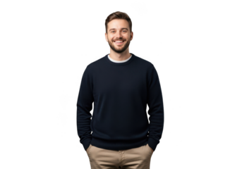 Smiling man in sweater and khakis isolated on transparent background