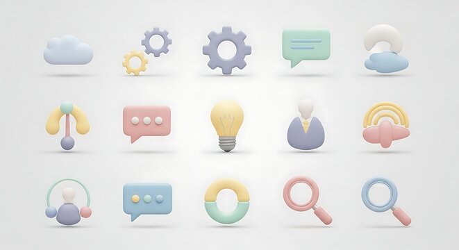3D Rendered Set of Pastel Colored Business and Technology Icons on a White Background.
