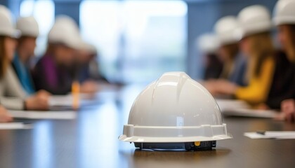 A single white hard hat sits on a dark brown conference table in front of a blurred group of people wearing hard hats, in a meeting.