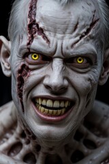 Intense horror-style close-up portrait of fictional humanoid creature with pale cracked skin, glowing yellow eyes, and sharp teeth, created for dark fantasy or Halloween themed visual concept