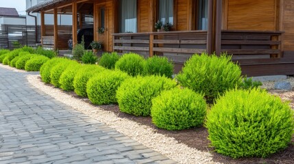 Lush Green Shrubbery Lines Modern Wooden House Exterior with Paved Walkway and Natural Landscape in Bright Spring Weather