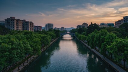 Dusk scenery of a canal lined with banyan trees and urban structures, featuring an elevated highway and a vibrant sky.