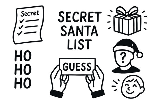 Black and white line art of a secret santa list with festive elements, including a wrapped gift, a person in a santa hat, and the word "guess.