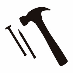 Black silhouette of a hammer and two nails on a white background