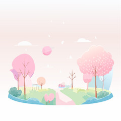 Springtime Park Landscape with Cherry Blossoms.