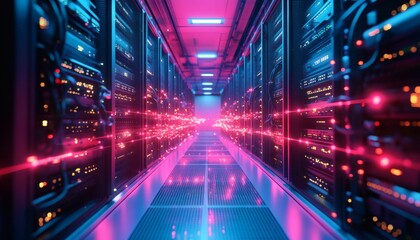 The illustration shows a long corridor of server racks with pink and blue lighting, data streams are shown as particles flowing through the room.