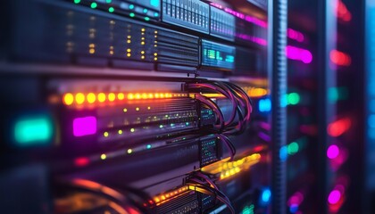 The image shows multiple network servers with colorful lights illuminating the equipment and cables in a data center.