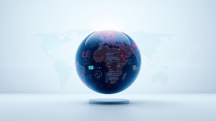 Futuristic digital earth globe rotating above a platform with interface elements and the continents of Africa and Europe visible against a map background.