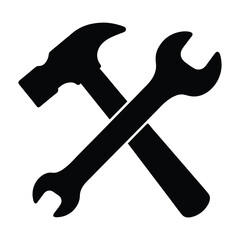 Silhouette illustration featuring a hammer and a wrench crossing each other in black