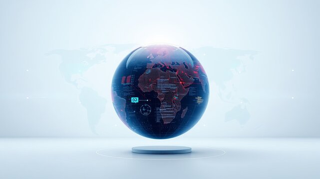 Futuristic digital earth globe rotating above a platform with interface elements and the continents of Africa and Europe visible against a map background.