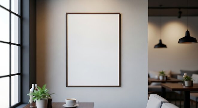 Blank white picture frame on a light wall in a modern cafe interior with natural light.