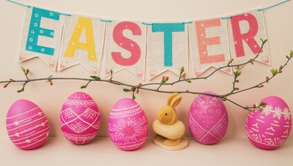 Colorful Easter eggs and a willow sprig adorned with pink and spiritual icons, set below a festive banner.
