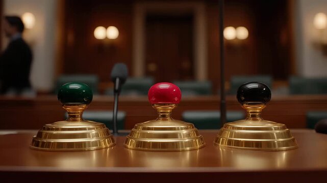Close-up of voting buttons and microphones inside a parliamentary chamber, emotion of anticipation in the air, symbolizing decision-making processes, political procedures, and democratic