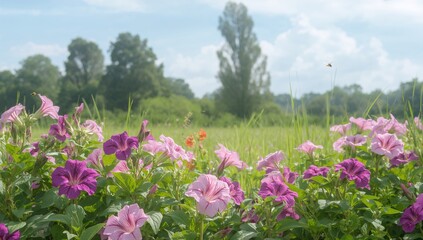 Fototapeta premium Vibrant petunia blooms set against lush greenery