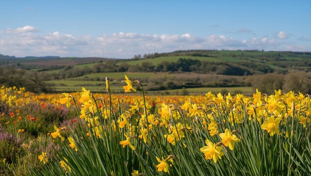 Spring daffodils blooming alongside other blossoms in a field