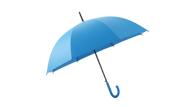 Blue umbrella isolated on white background. Stylish rain protection accessory for weather, travel, and outdoor concept. Foldable umbrella mockup for branding, design presentation, or advertising templ