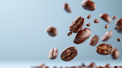 Obraz premium Floating Brown Coffee Beans Against a Soft Gradient Background Highlighting the Richness of Coffee Craft and Aroma