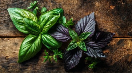 Fresh Green and Purple Basil Leaves on Rustic Wooden Background for Cooking and Culinary Use