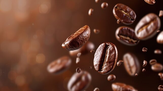 Floating Roasted Coffee Beans in Motion with Soft Focus and Warm Brown Background
