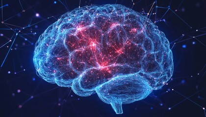The illustration shows a digital rendering of a human brain, with its neural pathways illuminated in blue and red, against a dark blue background.