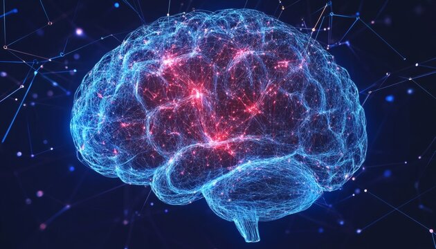 The illustration shows a digital rendering of a human brain, with its neural pathways illuminated in blue and red, against a dark blue background. - Powered by Adobe