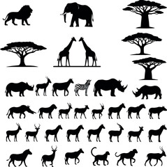 set of animals vector silhouettes icon , silhouettes of african wildlife and trees in horizontal rows on white background.